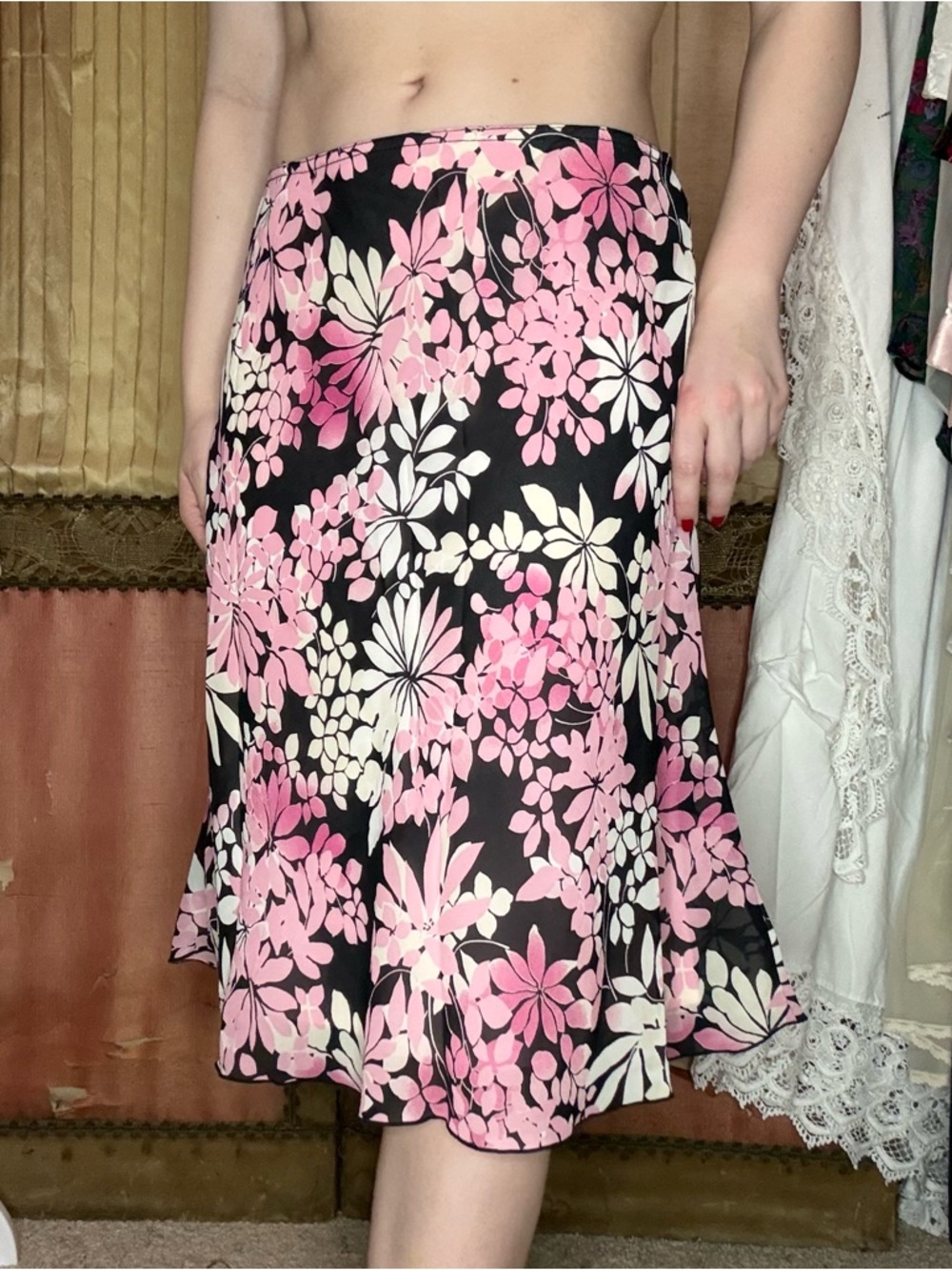 Vintage 90’s Byer California Pink & Black Floral Midi Skirt
